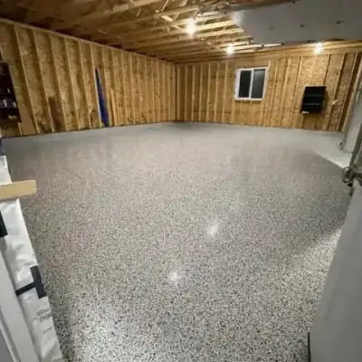 Premium flake epoxy garage floor after coating